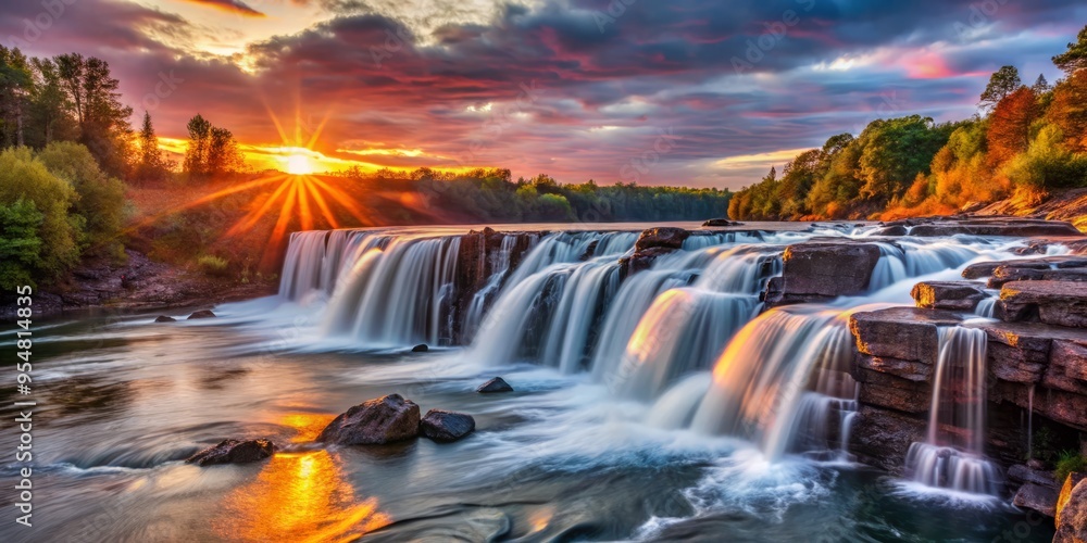 Obraz premium Vermillion Falls in the evening, the sun's final rays dance across the cascading water, creating a kaleidoscope of colors, dark rocks in the foreground.