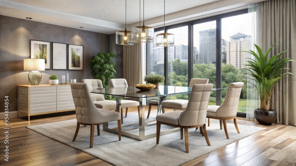 Elegant glass top table and plush chairs create a sophisticated atmosphere in this modern dining room, adorned with Elegant glass top table and plush chairs create a sophisticated atmosphere in this modern dining room, adorned with