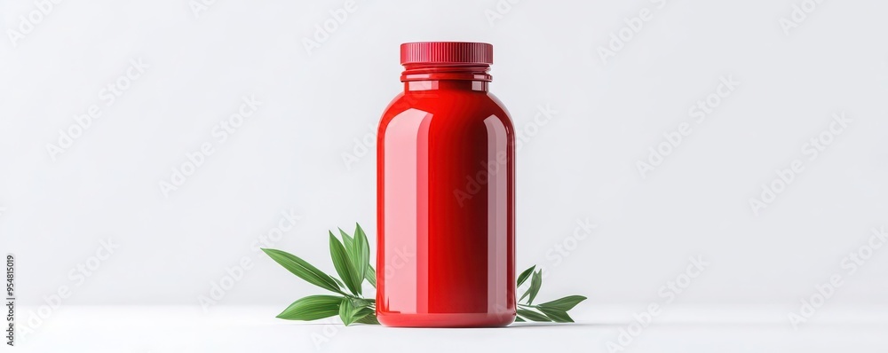 A vibrant red bottle surrounded by fresh green leaves on a white background, ideal for health and wellness concepts. A vibrant red bottle surrounded by fresh green leaves on a white background, ideal for health and wellness concepts.
