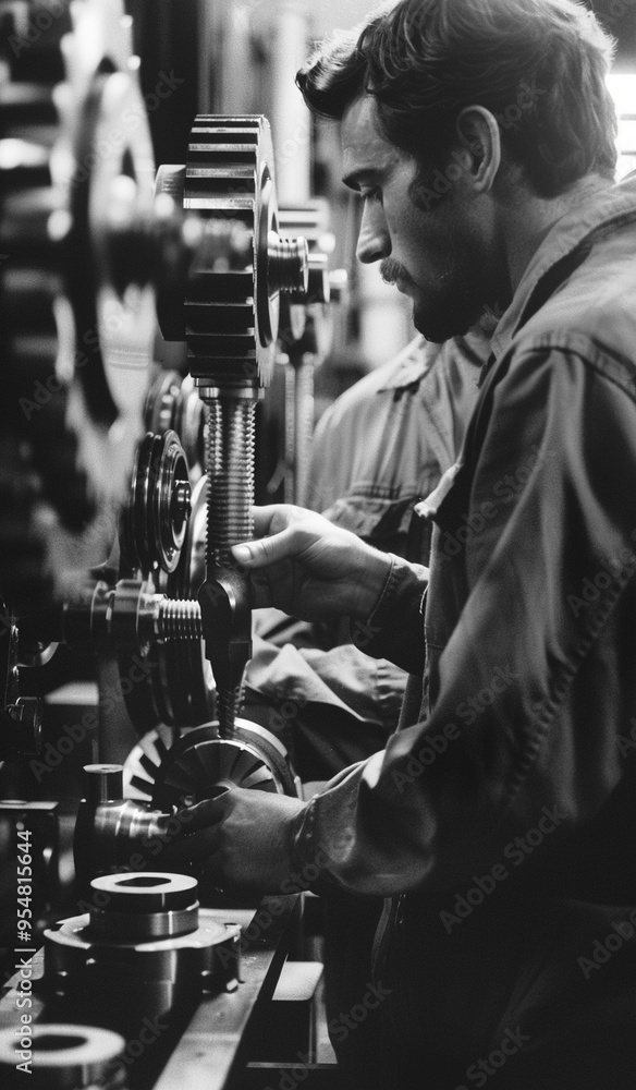 Fototapeta premium Close up of two quality engineers inspecting bearings in a busy plant.