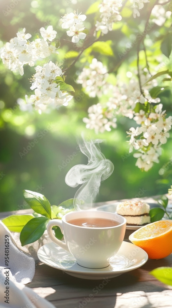 A picturesque tea garden has a table set with traditional Korean sweets and a steaming pot of green tea, surrounded by lush greenery and blooming flowers A picturesque tea garden has a table set with traditional Korean sweets and a steaming pot of green tea, surrounded by lush greenery and blooming flowers