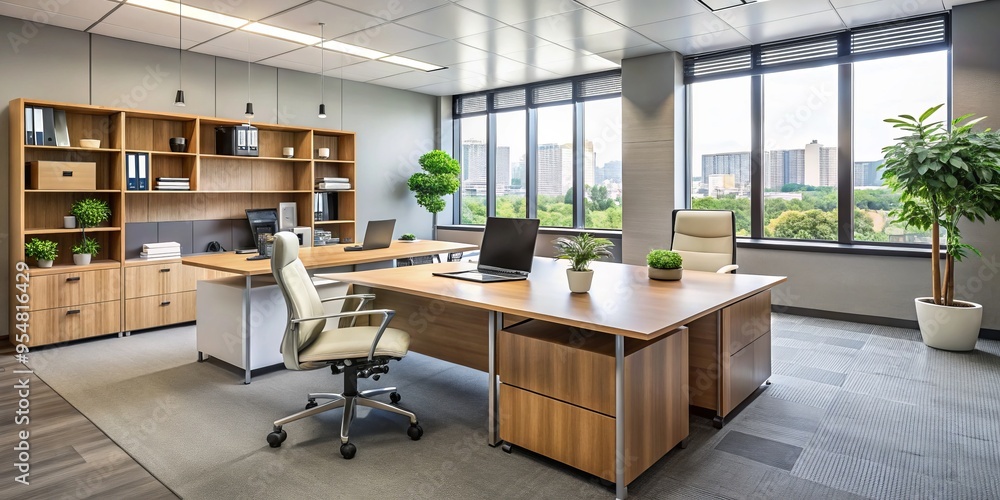 "Elegant office space features modern desk, comfortable chairs, and