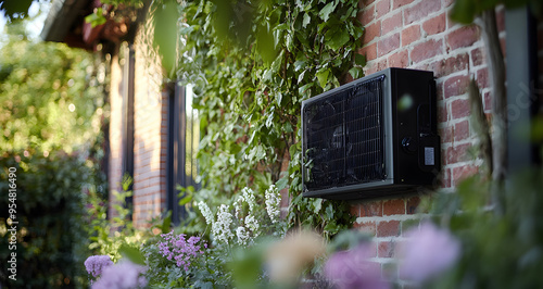 “A Heat Pump Mounted on the Side of an Energy-Efficient Building, Highlighting Sustainable Technology and Eco-Friendly Heating Solutions, Ideal for Content Related to Green Building, Energy Conservati photo