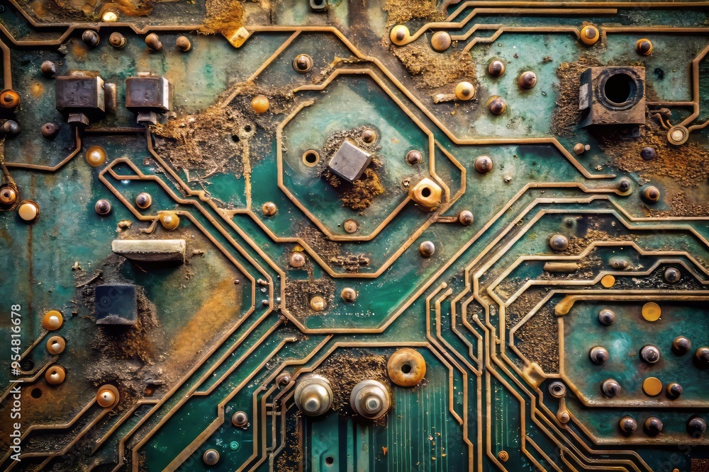 A photo image of a crackling, distressed, worn-out surface with tiny, intricate circuits and wires, reminiscent of a retro-futuristic electronics component. A photo image of a crackling, distressed, worn-out surface with tiny, intricate circuits and wires, reminiscent of a retro-futuristic electronics component.