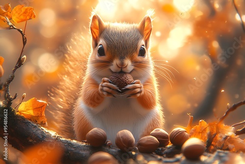 A cute squirrel holding an acorn amidst autumn leaves and nuts.