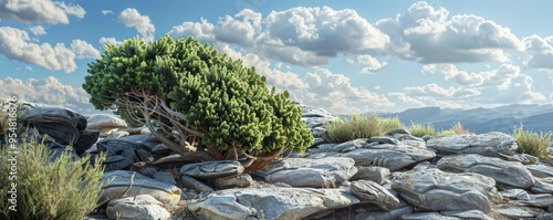 Hardy juniper bush in rocky terrain, 4K hyperrealistic photo photo