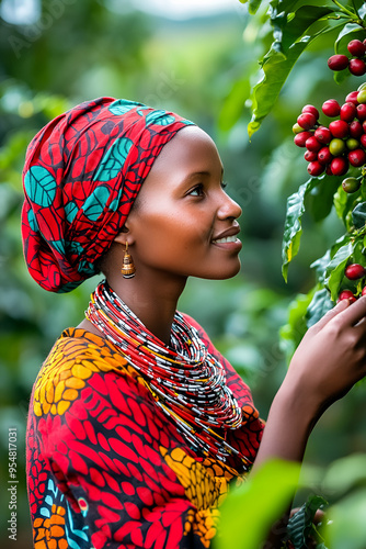 An African woman harvests coffee beans on a plantation, selecting only the ripest berries, ensuring high-quality coffee production. photo