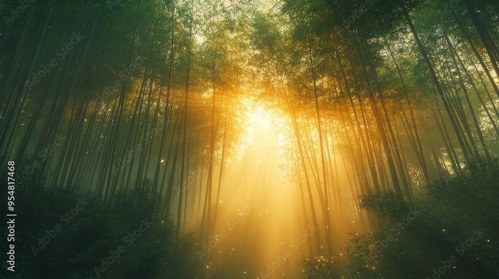 Sunbeams illuminating a misty bamboo forest with fireflies Sunbeams illuminating a misty bamboo forest with fireflies