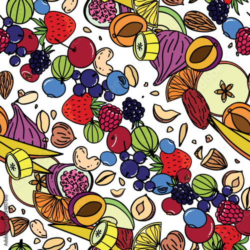 Bright vector seamless pattern with colorful mix of nuts, seeds, fruits and berries in the doodle style on a white background
