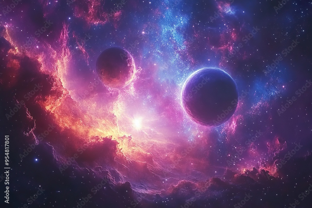 Naklejka premium Vibrant Cosmic Landscape Featuring Multiple Planets