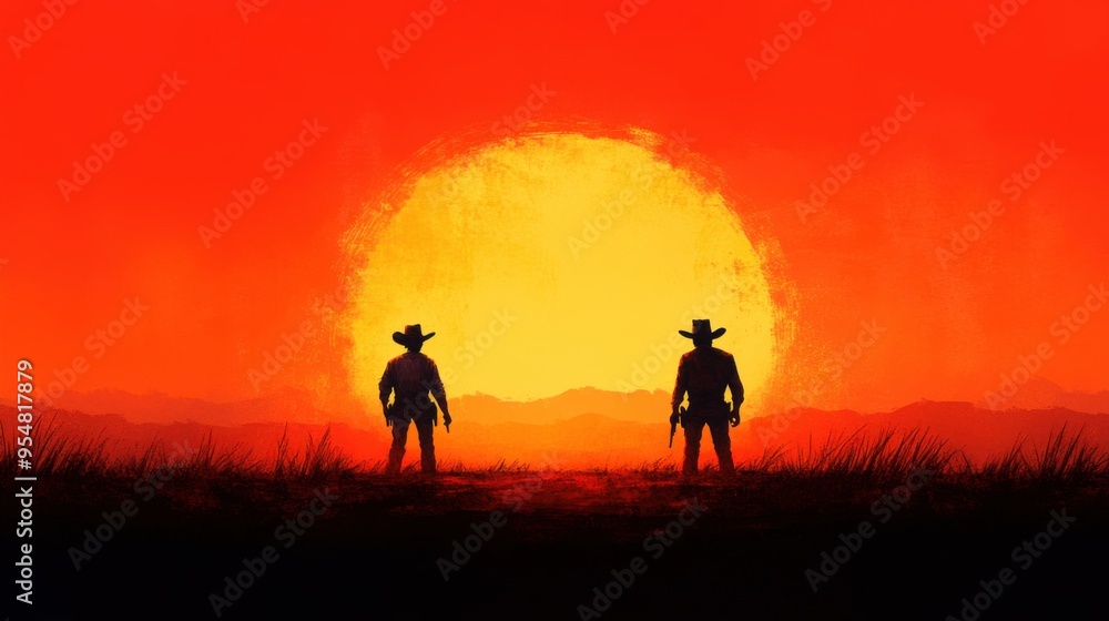 Pixelated Wild West Showdown: Two Cowboys Dueling in Dusty Street at Sunset Pixelated Wild West Showdown: Two Cowboys Dueling in Dusty Street at Sunset