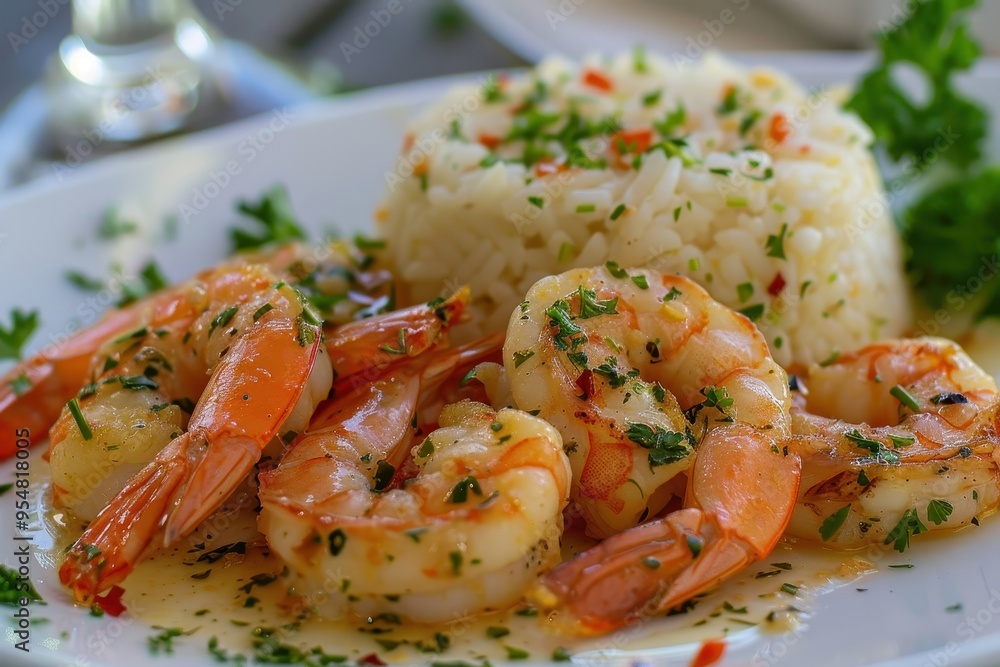 A serving of garlic butter shrimp, cooked to perfection and garnished with fresh parsley, served with a side of rice A serving of garlic butter shrimp, cooked to perfection and garnished with fresh parsley, served with a side of rice