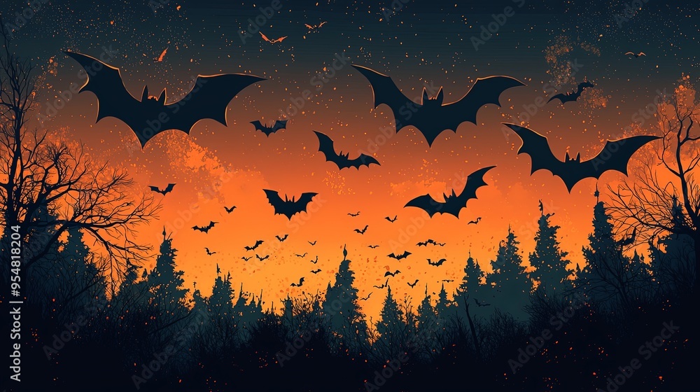 This image shows bats in flight against a darkening sky, with a forest silhouette. The stars add to the magical and eerie ambiance, perfect for Halloween themes. This image shows bats in flight against a darkening sky, with a forest silhouette. The stars add to the magical and eerie ambiance, perfect for Halloween themes.