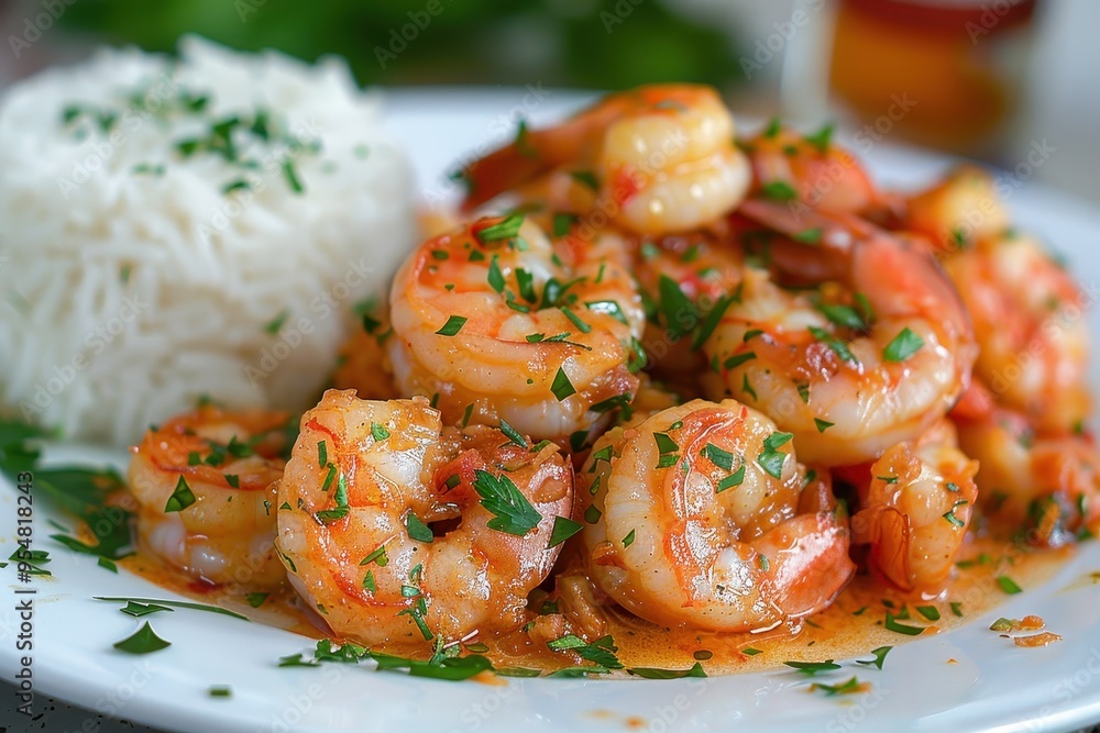 A serving of garlic butter shrimp, cooked to perfection and garnished with fresh parsley, served with a side of rice A serving of garlic butter shrimp, cooked to perfection and garnished with fresh parsley, served with a side of rice