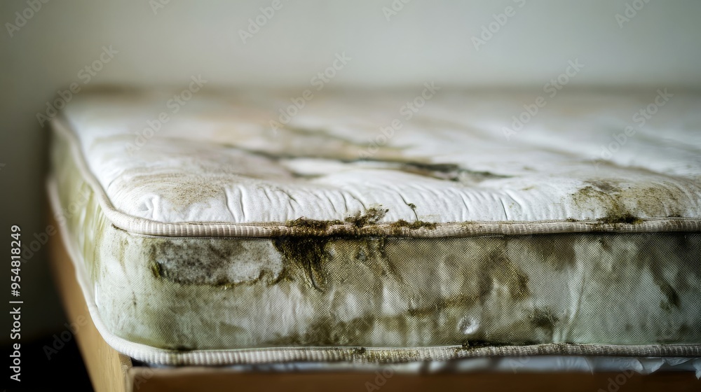 This image shows a moldy mattress in the bedroom, highlighting health hazards. This image shows a moldy mattress in the bedroom, highlighting health hazards.