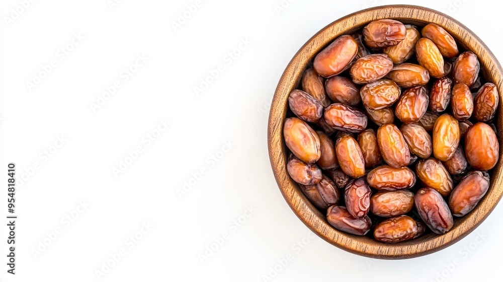 A wooden bowl and white surface display dried dates, a popular Ramadan fruit. A wooden bowl and white surface display dried dates, a popular Ramadan fruit.