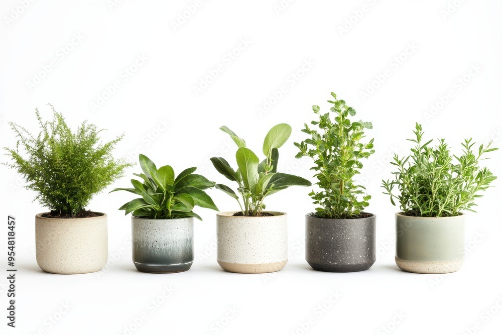 Lineup of five potted plants in modern ceramic pots on white background Lineup of five potted plants in modern ceramic pots on white background