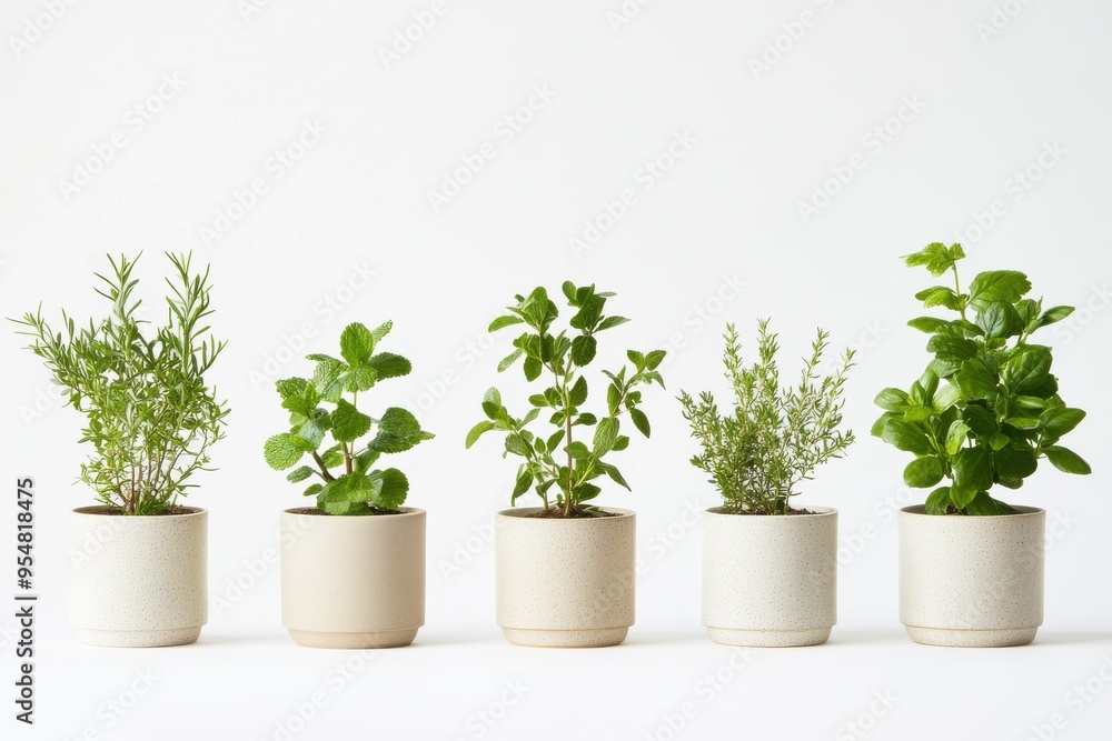 Lineup of five potted plants in modern ceramic pots on white background Lineup of five potted plants in modern ceramic pots on white background