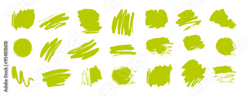 Green brush stroke set. Grungy organic textures. Vector vintage hand-painted lines, circles, squares, abstract scratches and scribbles for retro style eco bio health food package and identity