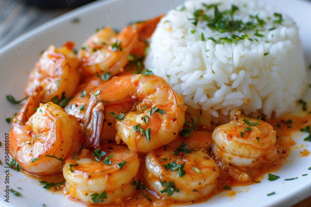 A serving of garlic butter shrimp, cooked to perfection and garnished with fresh parsley, served with a side of rice A serving of garlic butter shrimp, cooked to perfection and garnished with fresh parsley, served with a side of rice