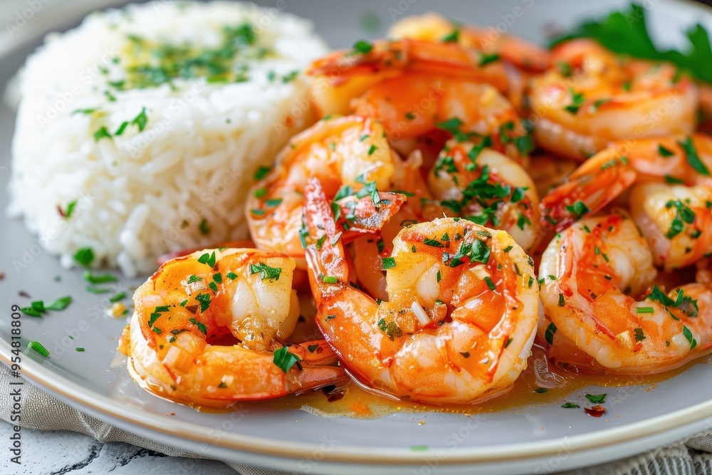 A serving of garlic butter shrimp, cooked to perfection and garnished with fresh parsley, served with a side of rice A serving of garlic butter shrimp, cooked to perfection and garnished with fresh parsley, served with a side of rice