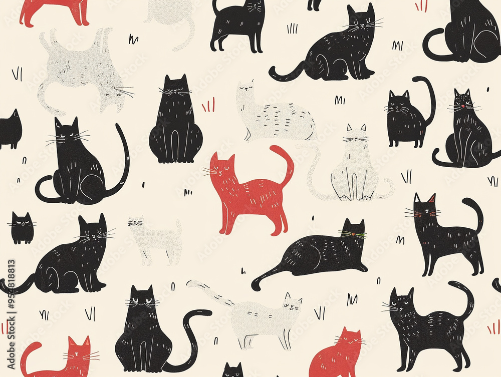 Obraz premium cute cat pattern, simplistic drawing, illustration