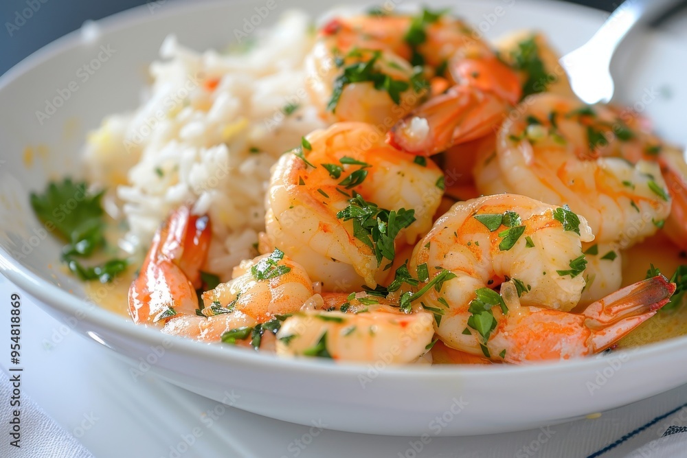A serving of garlic butter shrimp, cooked to perfection and garnished with fresh parsley, served with a side of rice A serving of garlic butter shrimp, cooked to perfection and garnished with fresh parsley, served with a side of rice