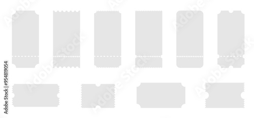 Set of tickets template of different forms. Tickets mockup for cinema. Coupon icons on white background.