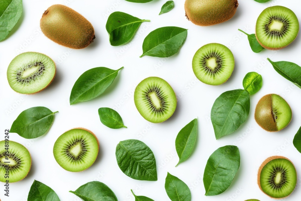Fototapeta premium Fresh kiwi fruit arrangement with green leaves on a white background