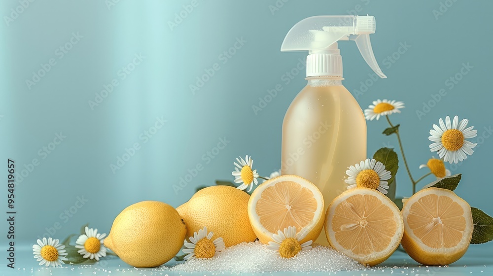 Cleaning product bottle with lemons and flowers on the table, light blue background with copy space, enchanting. Generative AI. Cleaning product bottle with lemons and flowers on the table, light blue background with copy space, enchanting. Generative AI.