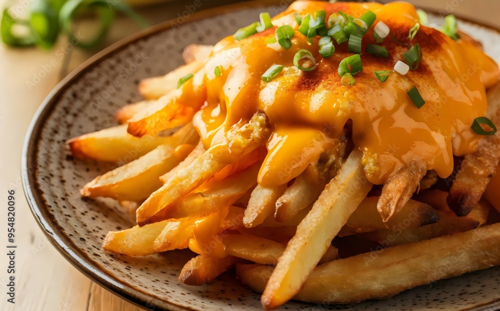 Cheesy French Fries with Green Onion Garnish on a Plate – potato fries, cheddar cheese, side dish, snack