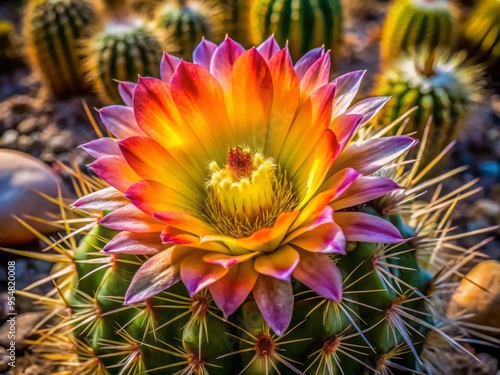 A vibrant barrel cactus flower blooms in the Arizona desert, its delicate petals and golden center standing out against the sun-baked landscape.