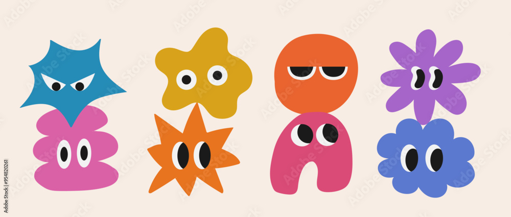 Fototapeta premium Set of abstract basic shape with big eye. Hand drawn trendy flat style. Collection character stickers. Faces with various comic emotions on isolated background