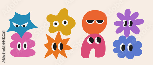 Set of abstract basic shape with big eye. Hand drawn trendy flat style. Collection character stickers. Faces with various comic emotions on isolated background