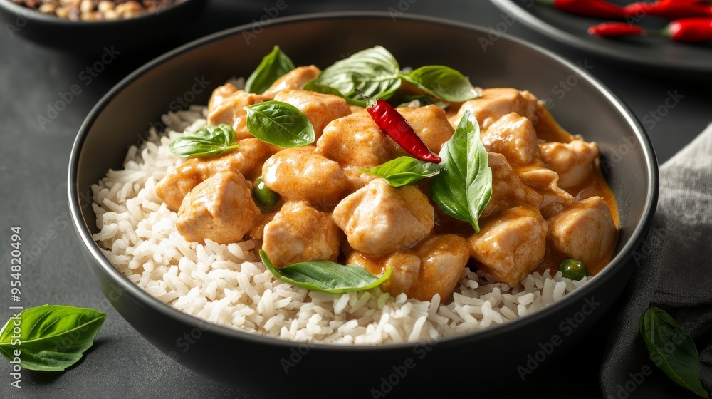 This is a vivid image of a Thai green curry with chicken, coconut milk, and fresh herbs. This is a vivid image of a Thai green curry with chicken, coconut milk, and fresh herbs.