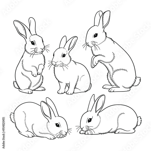  Several rabbits set of line drawing vector 