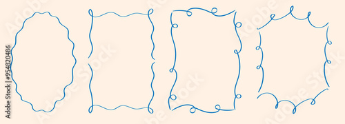 Rectangle  wavy scallop frame in doodle trendy style. Border with elegant  outline loop for greeting cards. 