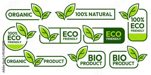 Set of eco friendly icons. Ecologic food stamps. Organic natural food labels.