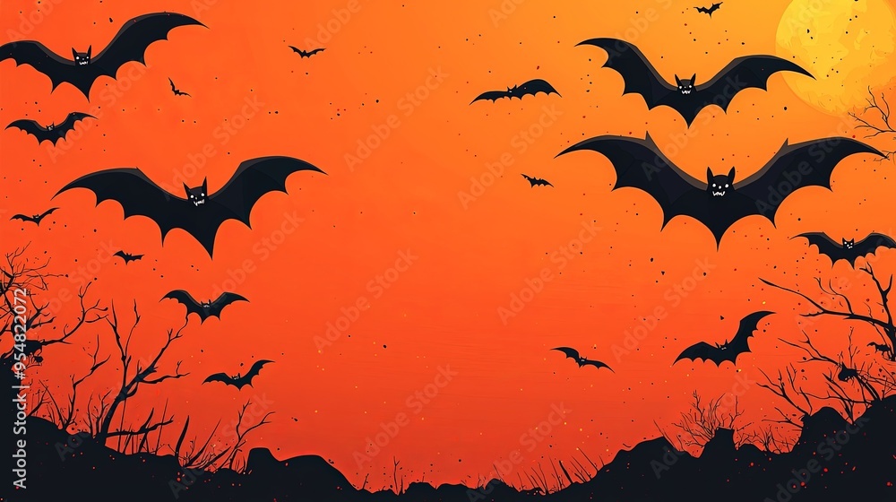 Illustration of bats soaring in an expansive bright orange sky punctuated with a full moon, creating a perfect Halloween or spooky-themed background. Illustration of bats soaring in an expansive bright orange sky punctuated with a full moon, creating a perfect Halloween or spooky-themed background.