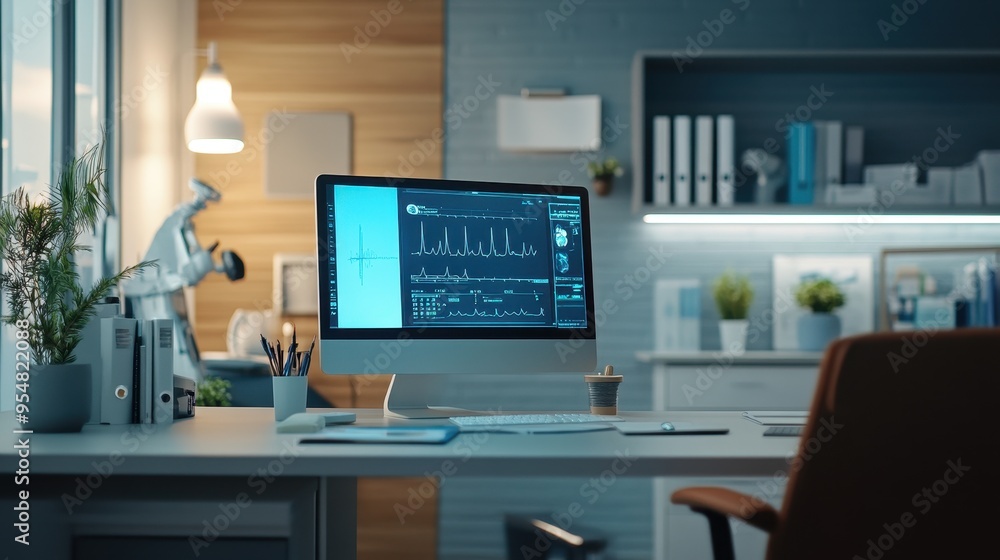 Technological Workspace with Data Analytics Display Technological Workspace with Data Analytics Display