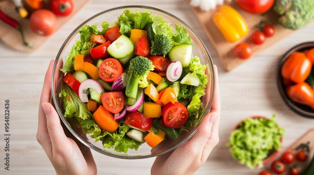 Garden salad with colorful vegetables held by a person in a green indoor environment Garden salad with colorful vegetables held by a person in a green indoor environment