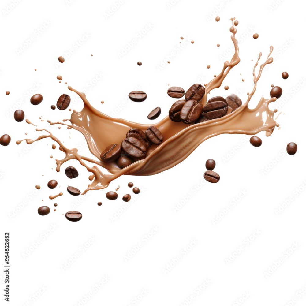 Coffee beans and chocolate milk splashing on a white background, ideal for food and beverage backgrounds or advertising campaigns Coffee beans and chocolate milk splashing on a white background, ideal for food and beverage backgrounds or advertising campaigns