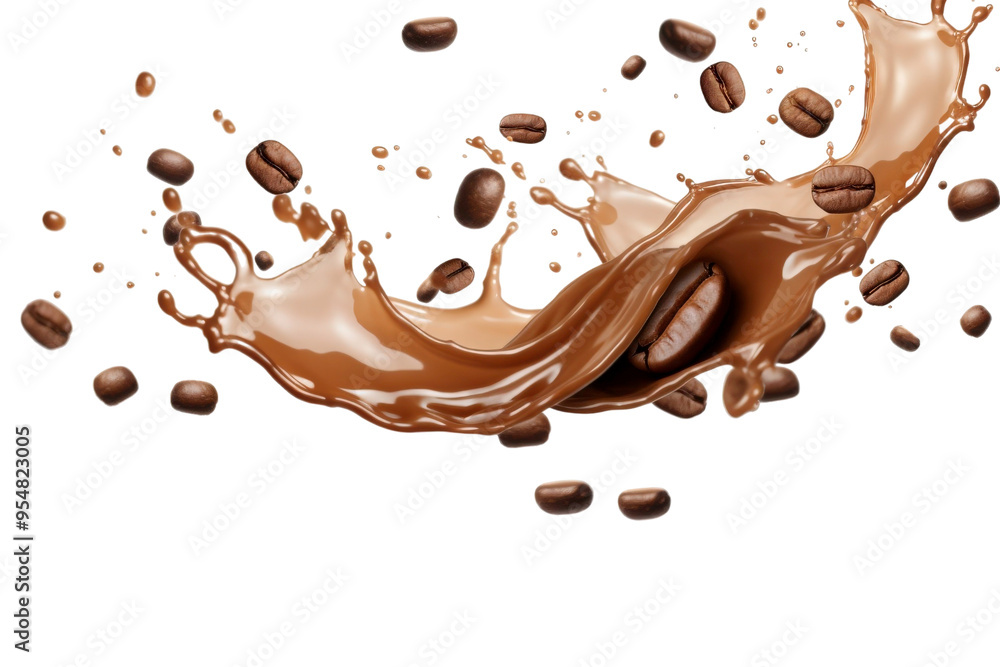 Coffee beans and chocolate milk splashing on a white background, ideal for food and beverage backgrounds or advertising campaigns Coffee beans and chocolate milk splashing on a white background, ideal for food and beverage backgrounds or advertising campaigns