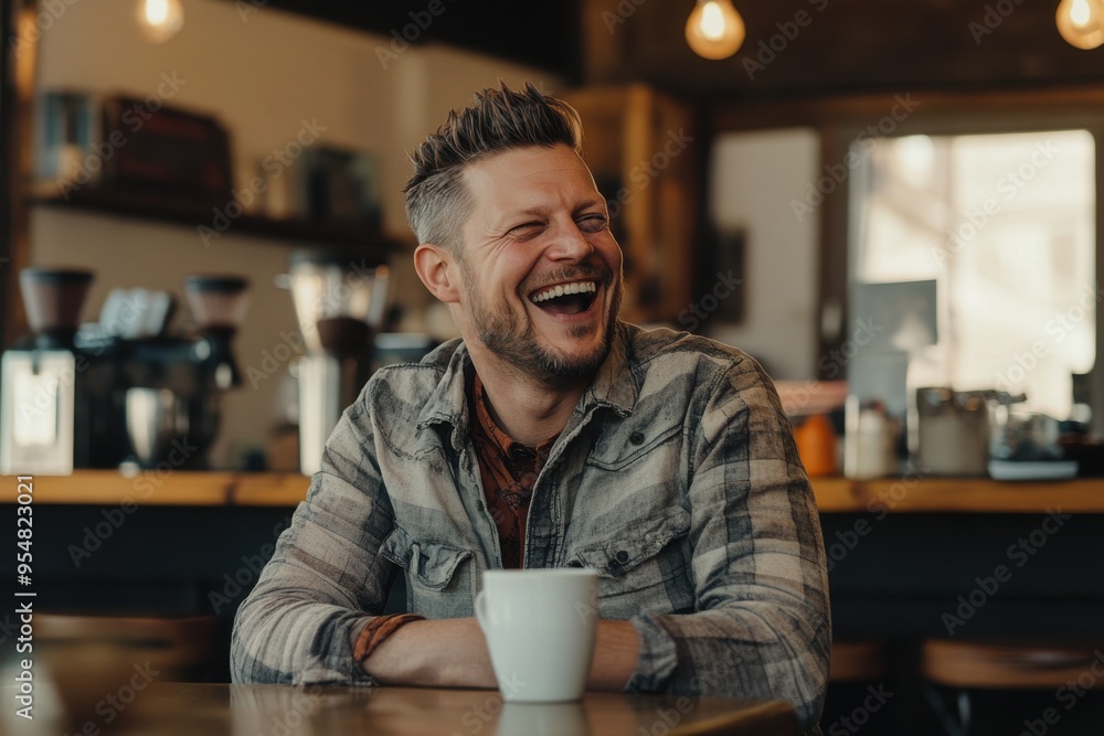 Man laughing during a casual conversation with coffee in a warm setting Man laughing during a casual conversation with coffee in a warm setting