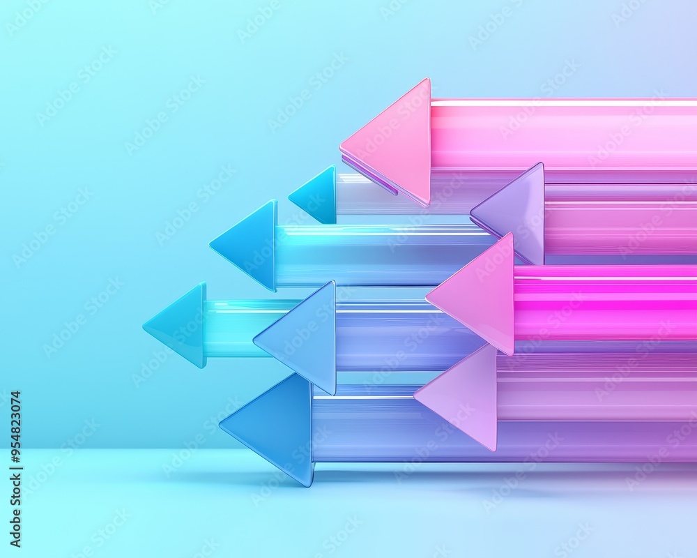 Upward arrows, vibrant hues and digital effects, 3D illustration Upward arrows, vibrant hues and digital effects, 3D illustration