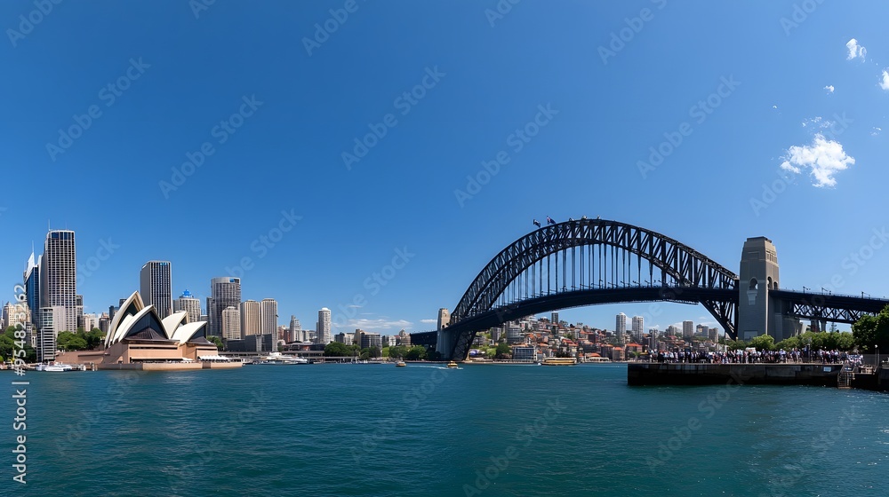 73. **Visualize the Sydney Harbour Bridge with a bright blue sky and the city is bustling harbor below.** 73. **Visualize the Sydney Harbour Bridge with a bright blue sky and the city is bustling harbor below.**