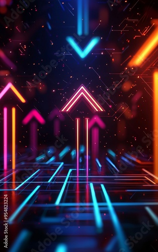 Vibrant digital arrows, glowing and pointing upwards, futuristic design, 3D illustration photo