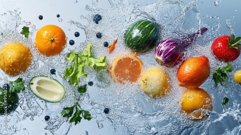 A variety of fresh produce with water splashes on a wide background, symbolizing natural freshness and the purity of fruits and vegetables. A variety of fresh produce with water splashes on a wide background, symbolizing natural freshness and the purity of fruits and vegetables.