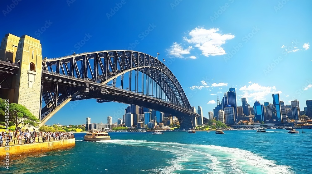 73. **Visualize the Sydney Harbour Bridge with a bright blue sky and the city is bustling harbor below.** 73. **Visualize the Sydney Harbour Bridge with a bright blue sky and the city is bustling harbor below.**