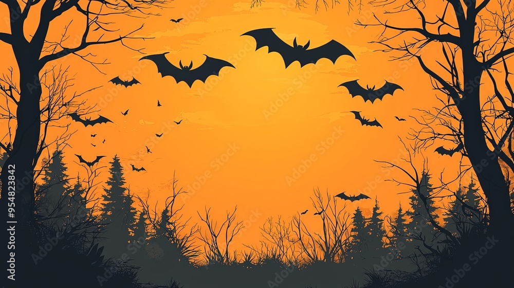 An eerie graphic depicting bats flying against an orange sunset backdrop in a forest, creating a spooky and haunting atmosphere perfect for Halloween-themed projects. An eerie graphic depicting bats flying against an orange sunset backdrop in a forest, creating a spooky and haunting atmosphere perfect for Halloween-themed projects.
